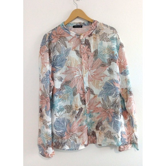 Tropical Escape Tops - Italian‎ Top Women's XXL Crinkle Gauze Button-Down Shirt Tropical Palms Coastal